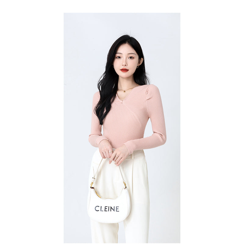 Pink Ribbed V-Neck Pullover