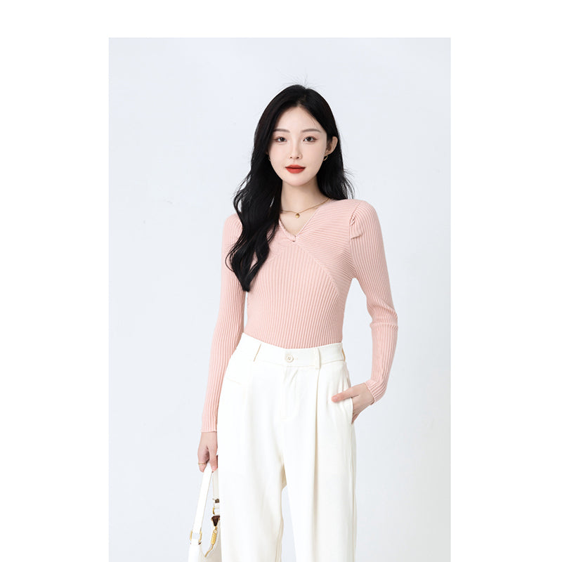 Pink Ribbed V-Neck Pullover