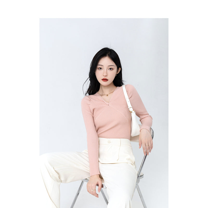 Pink Ribbed V-Neck Pullover