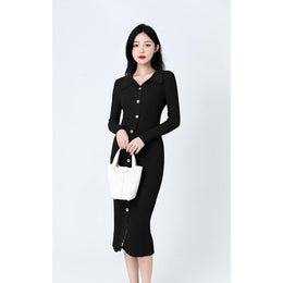 Black Shirt Collar Long Sleeves Bodycon Midi Dress