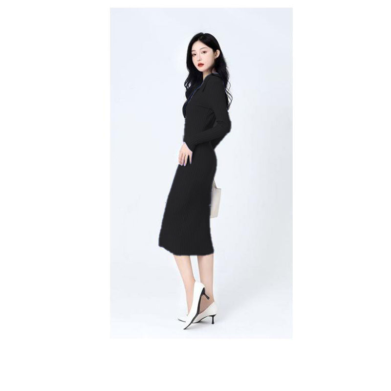 Black Shirt Collar Long Sleeves Bodycon Midi Dress