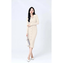 Beige Shirt Collar Ribbed Midi Jumper Dress