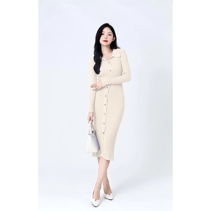 Beige Shirt Collar Ribbed Midi Jumper Dress