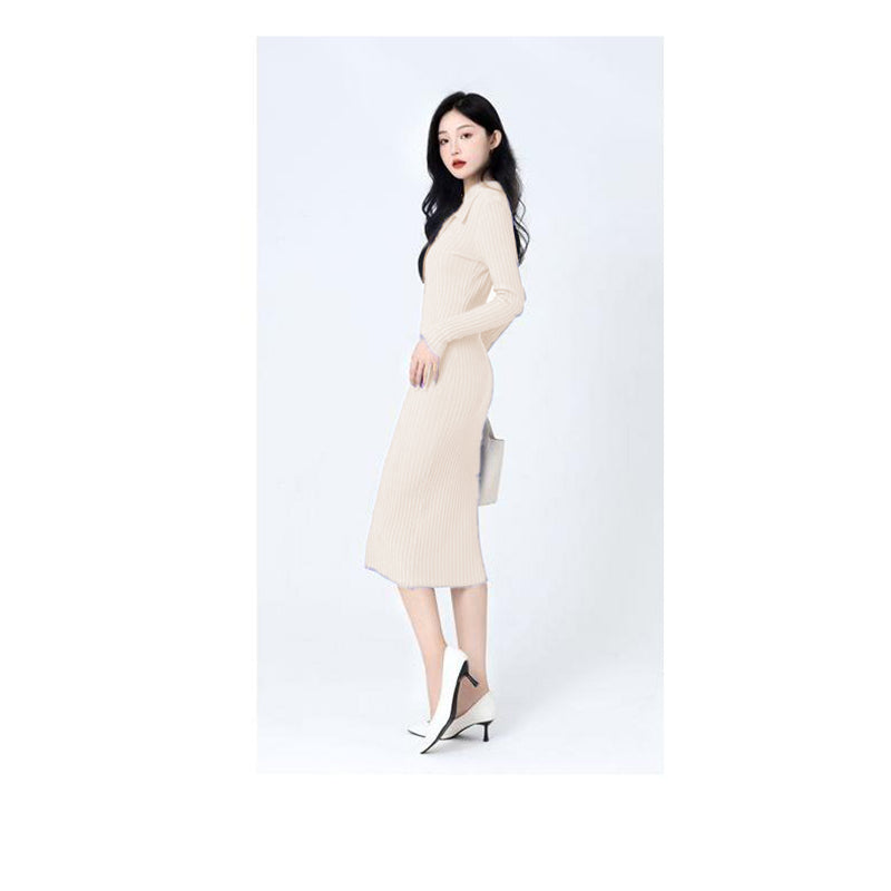Beige Shirt Collar Ribbed Midi Jumper Dress