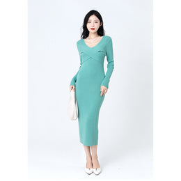 Green V-Neck Bodycon Midi Dress