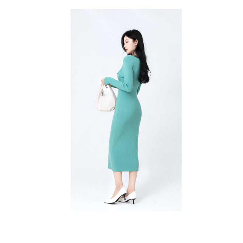 Green V-Neck Bodycon Midi Dress