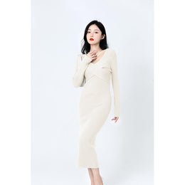 Beige V-Neck Bodycon Midi Dress