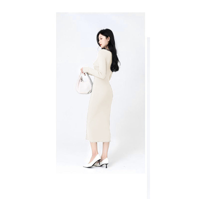 Beige V-Neck Bodycon Midi Dress
