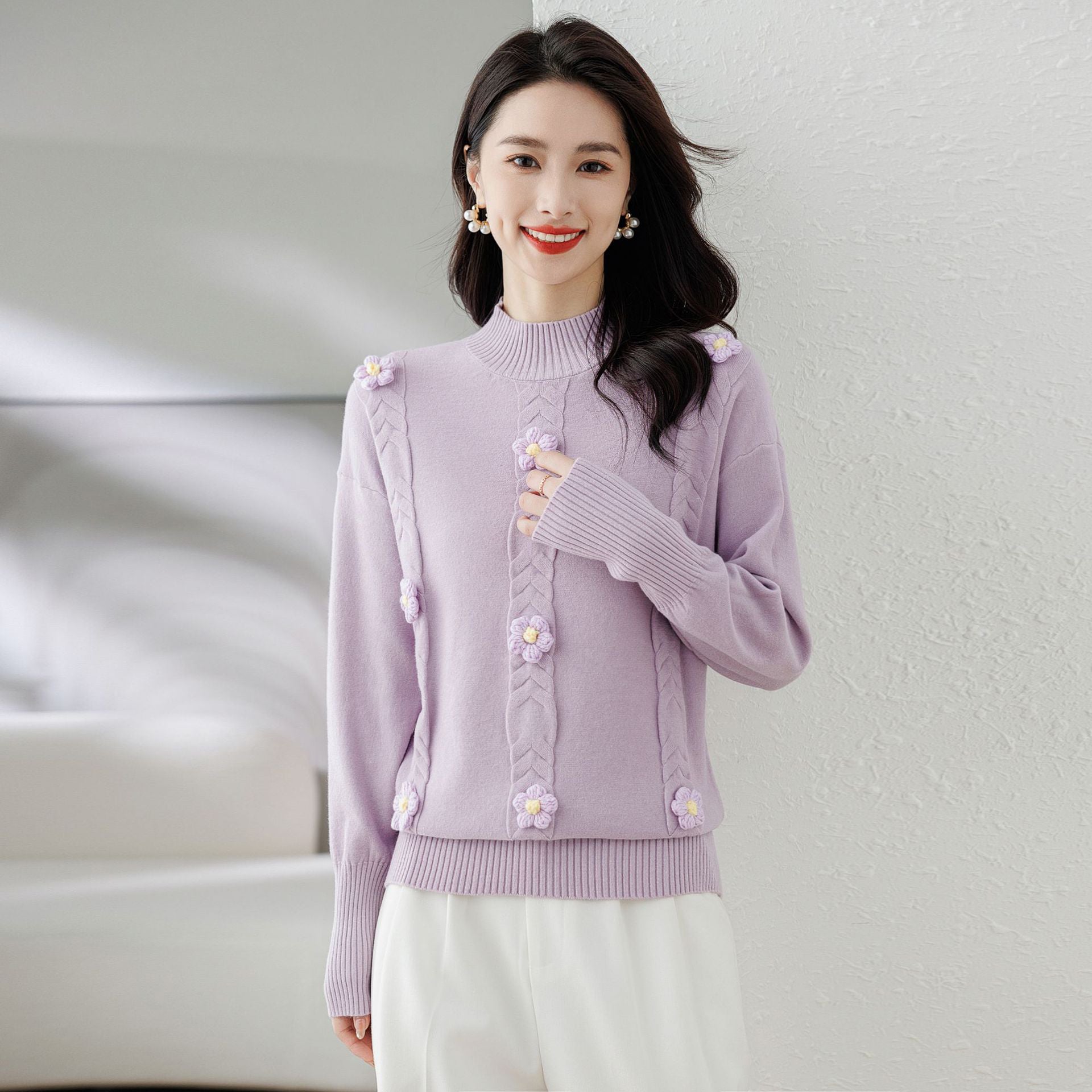 Purple Cable Knit Self Design High Neck Embellished Detailed Pullover