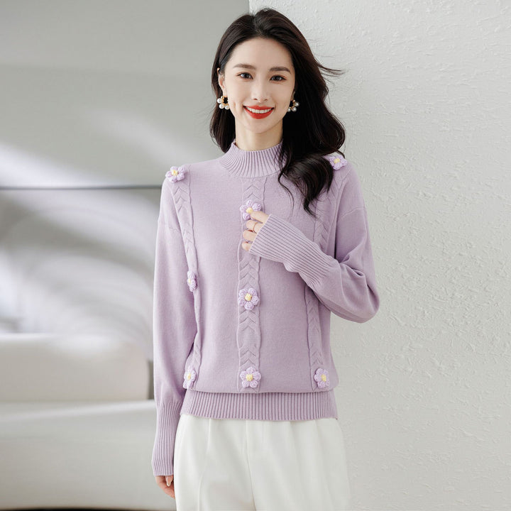 Purple Cable Knit Self Design High Neck Embellished Detailed Pullover