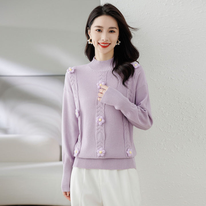 Purple Cable Knit Self Design High Neck Embellished Detailed Pullover