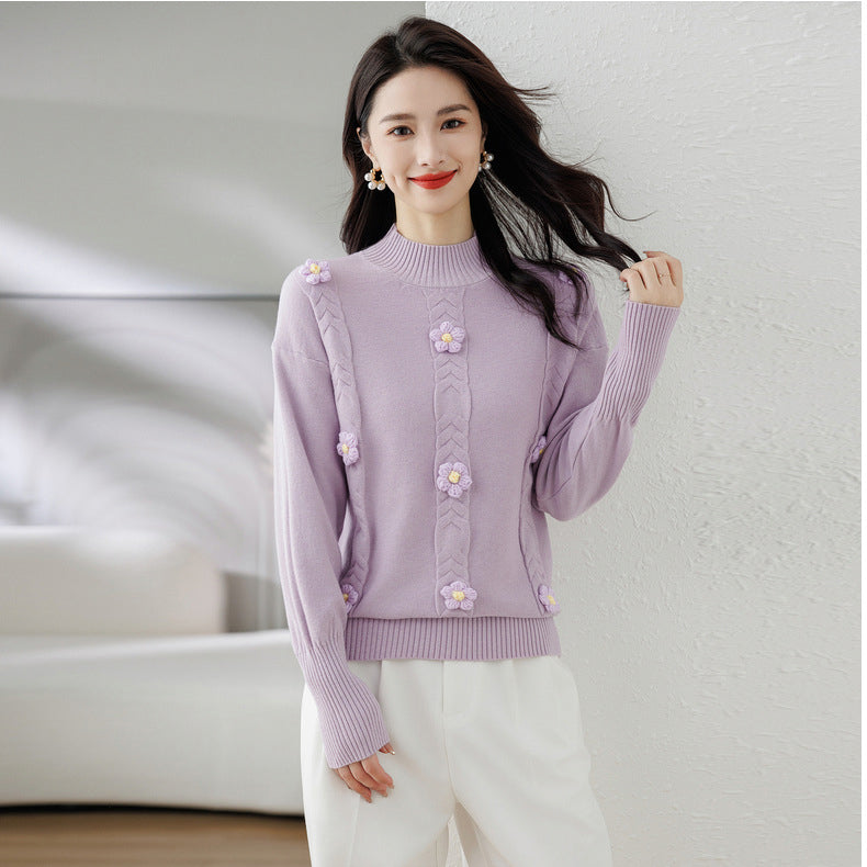 Purple Cable Knit Self Design High Neck Embellished Detailed Pullover