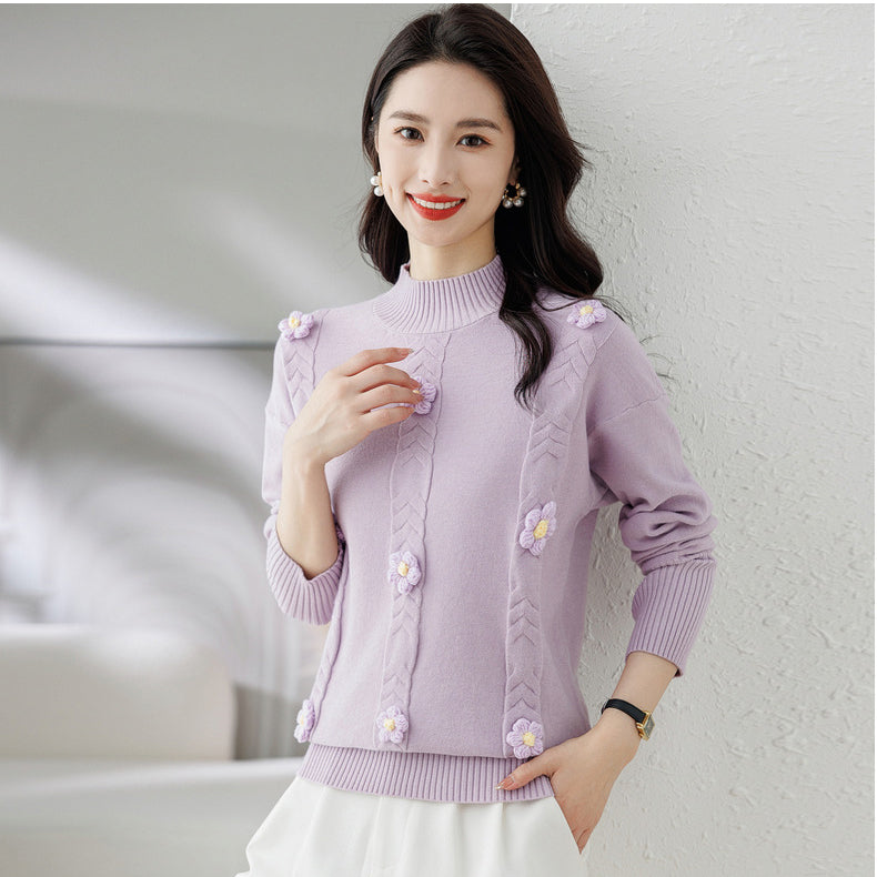 Purple Cable Knit Self Design High Neck Embellished Detailed Pullover