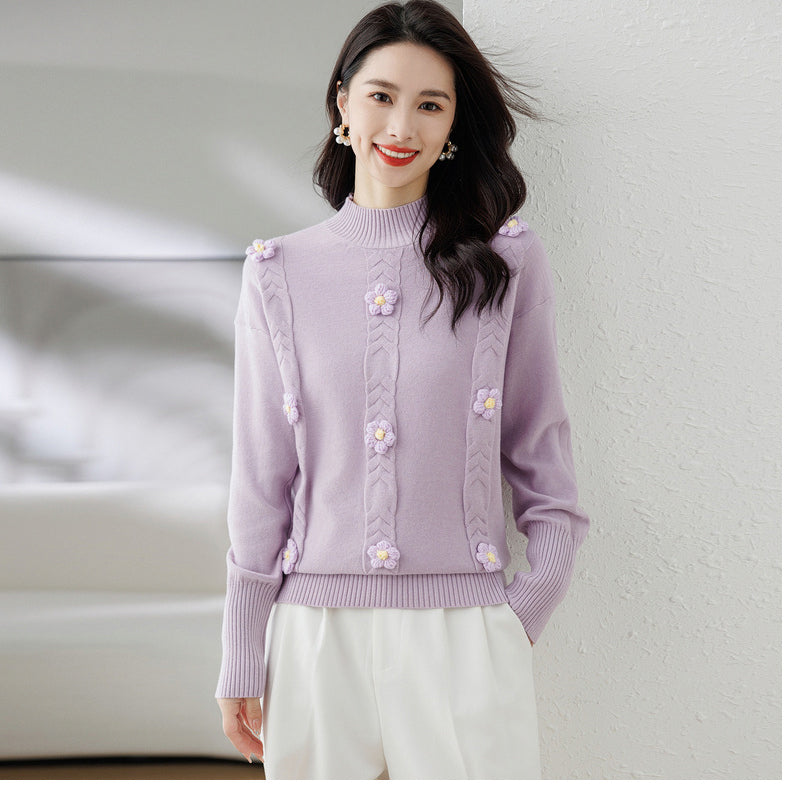 Purple Cable Knit Self Design High Neck Embellished Detailed Pullover