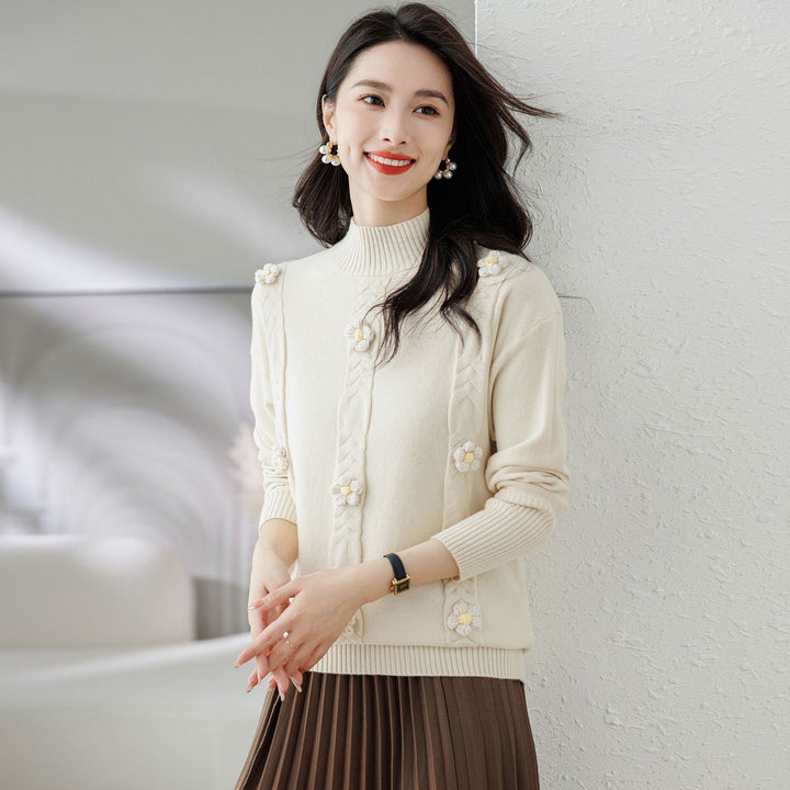 White Mock Collar Pullover Acrylic Sweater