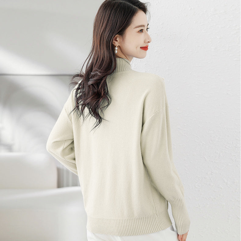 White Mock Collar Pullover Acrylic Sweater