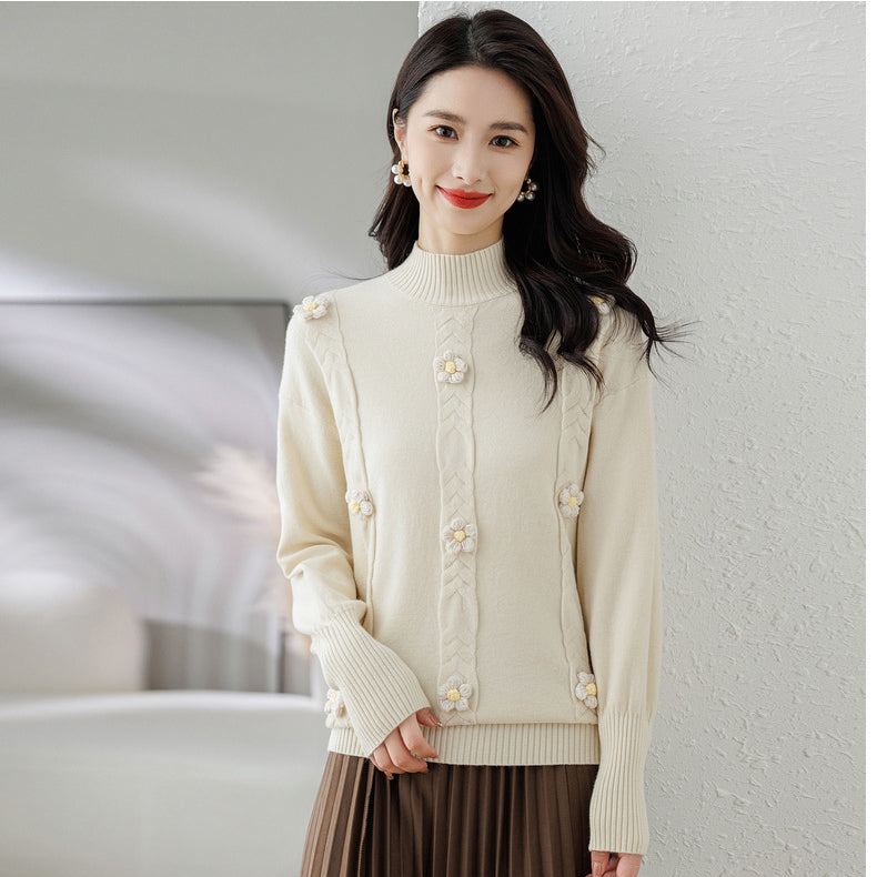 White Mock Collar Pullover Acrylic Sweater