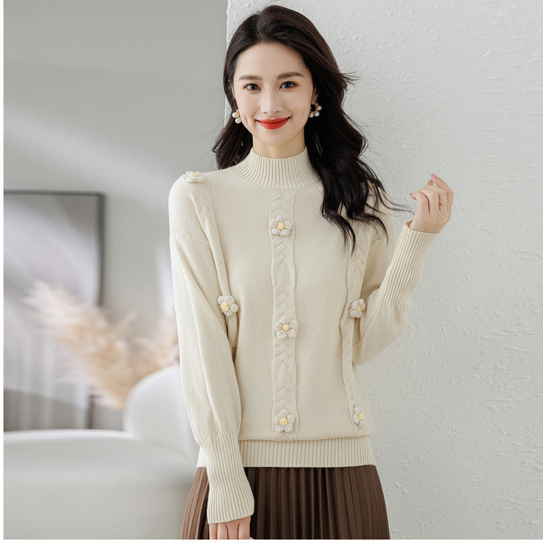 White Mock Collar Pullover Acrylic Sweater