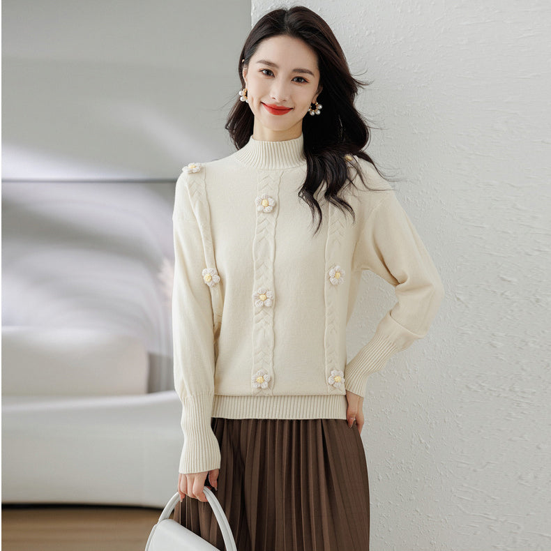 White Mock Collar Pullover Acrylic Sweater