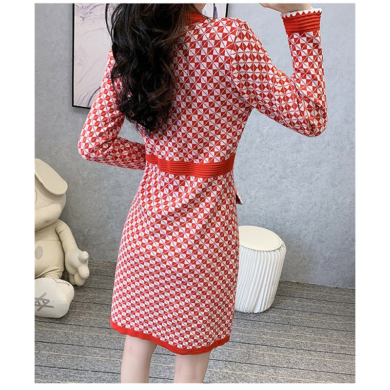 Red Geometric Printed A-Line Dress