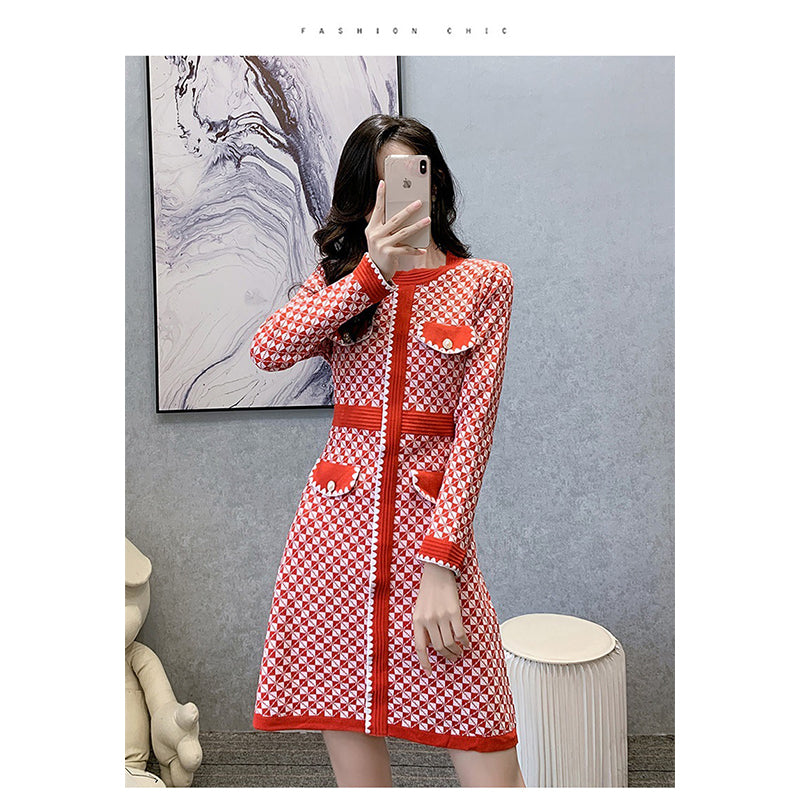 Red Geometric Printed A-Line Dress