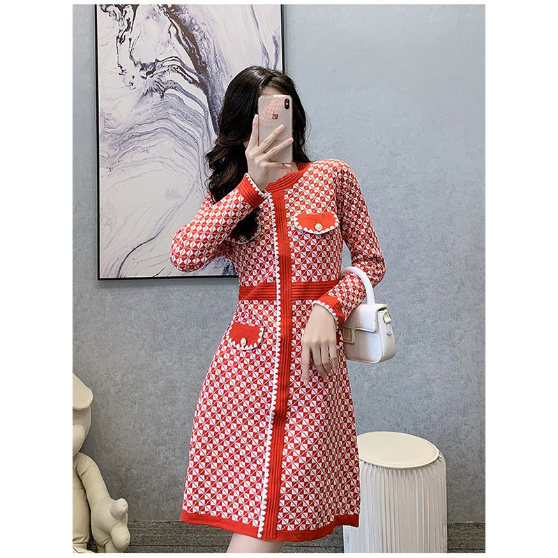 Red Geometric Printed A-Line Dress