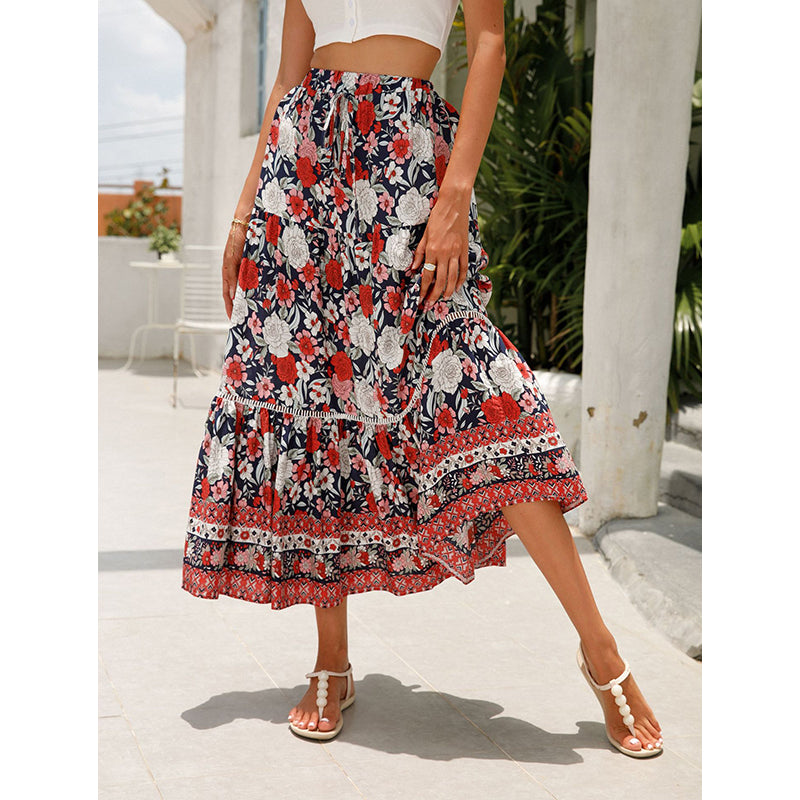 Red Floral Printed Flared Midi Skirt