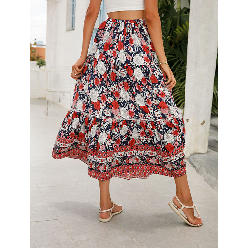 Red Floral Printed Flared Midi Skirt