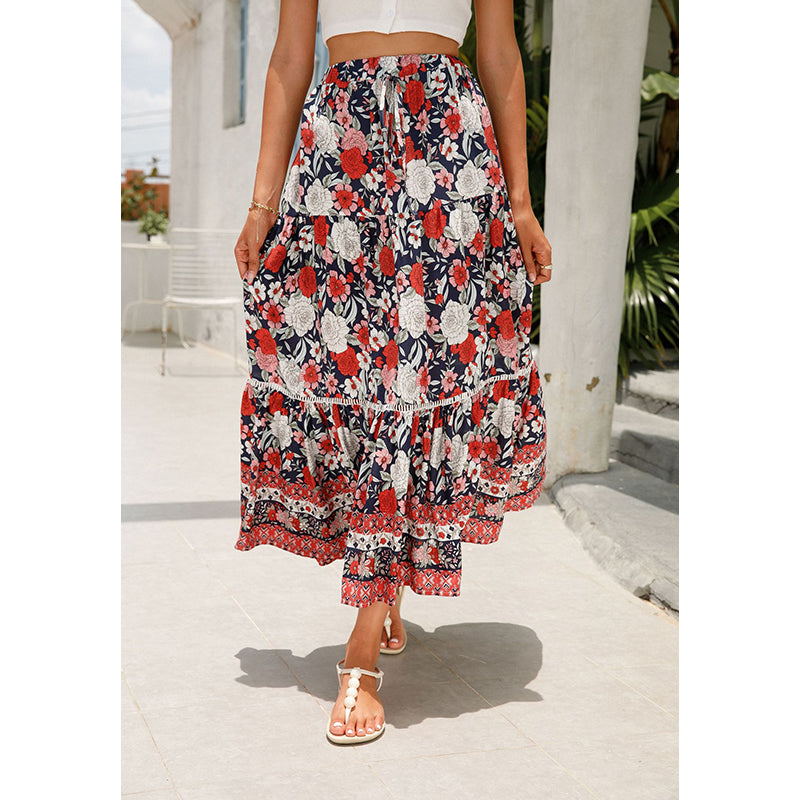 Red Floral Printed Flared Midi Skirt