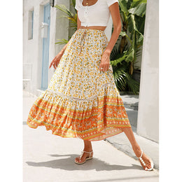 Orange Floral Printed Flared Midi Skirt