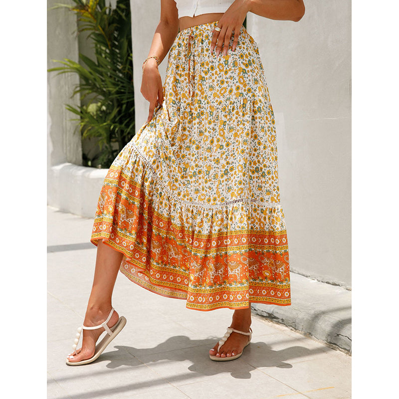 Orange Floral Printed Flared Midi Skirt