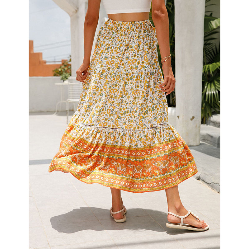 Orange Floral Printed Flared Midi Skirt