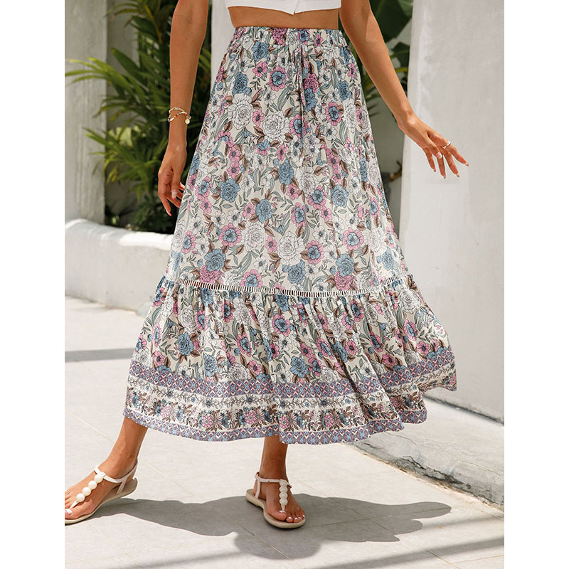 Purple Floral Printed Flared Maxi Skirt