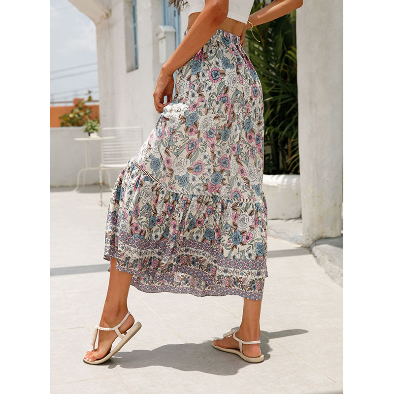 Purple Floral Printed Flared Maxi Skirt