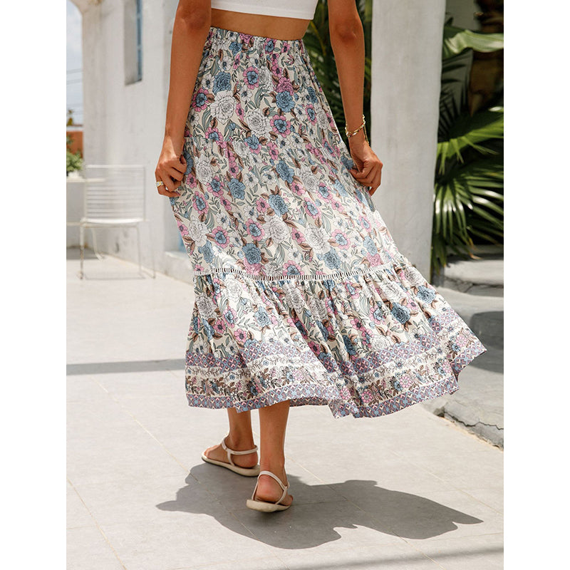 Purple Floral Printed Flared Maxi Skirt