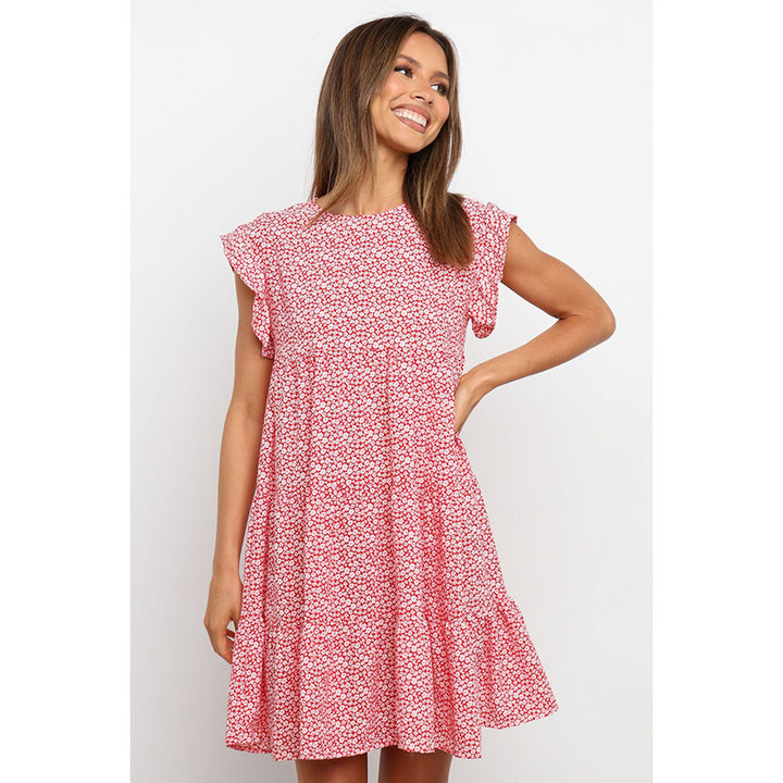 Floral Print Flutter Sleeves A-Line Dress