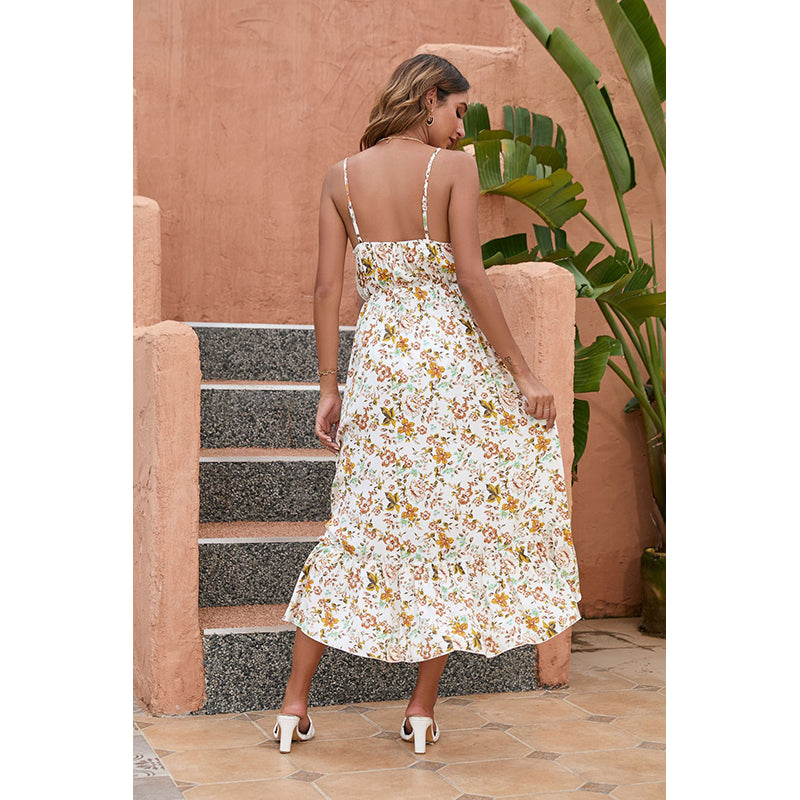 White & Yellow Floral Print A-Line Maxi Dress