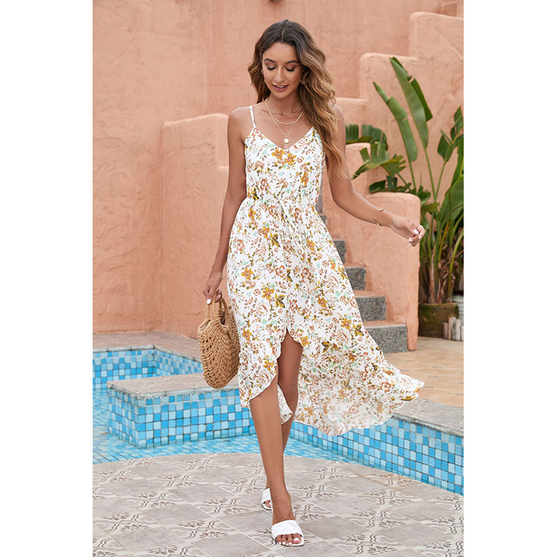 White & Yellow Floral Print A-Line Maxi Dress