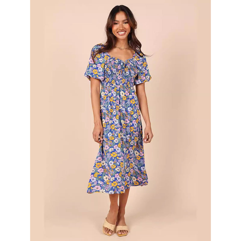 Floral Printed Puff Sleeves Gathered Detailed Fit & Flare Midi Dress