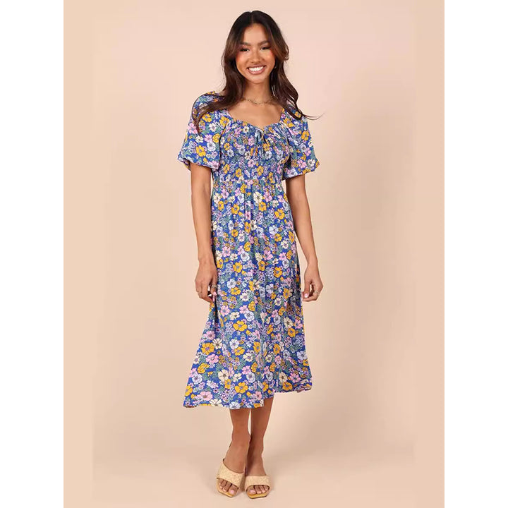 Floral Printed Puff Sleeves Gathered Detailed Fit & Flare Midi Dress