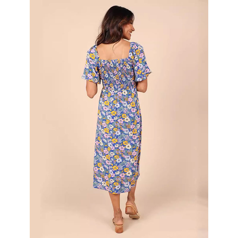 Floral Printed Puff Sleeves Gathered Detailed Fit & Flare Midi Dress