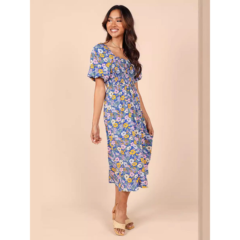 Floral Printed Puff Sleeves Gathered Detailed Fit & Flare Midi Dress