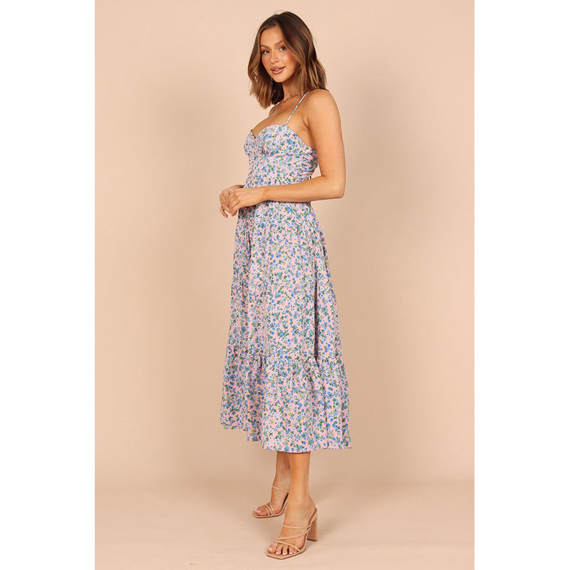 Floral Printed Shoulder Strap Tiered Fit & Flare Midi Dress