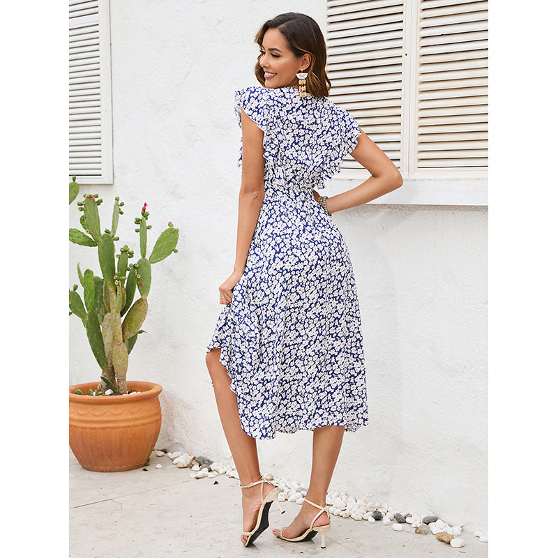 Blue Floral Printed V-Neck A-Line Midi Dress