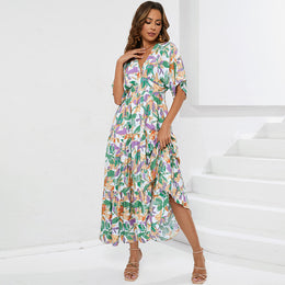 Green Floral Printed V-Neck Empire Maxi Dress