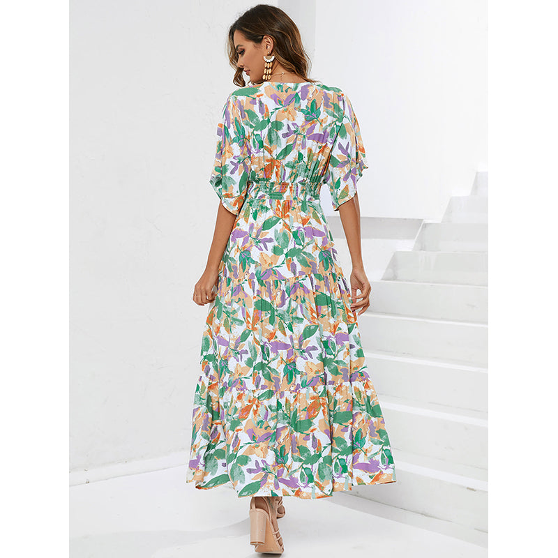 Green Floral Printed V-Neck Empire Maxi Dress