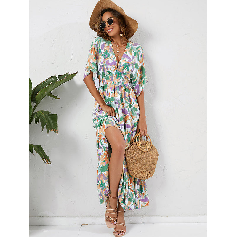 Green Floral Printed V-Neck Empire Maxi Dress