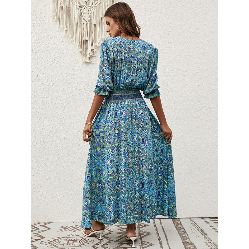 Blue Paisley Ethnic Motifs Printed Cuffed Sleeves Smocked A-Line Midi Dress