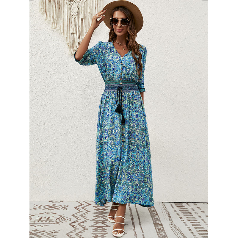 Blue Paisley Ethnic Motifs Printed Cuffed Sleeves Smocked A-Line Midi Dress