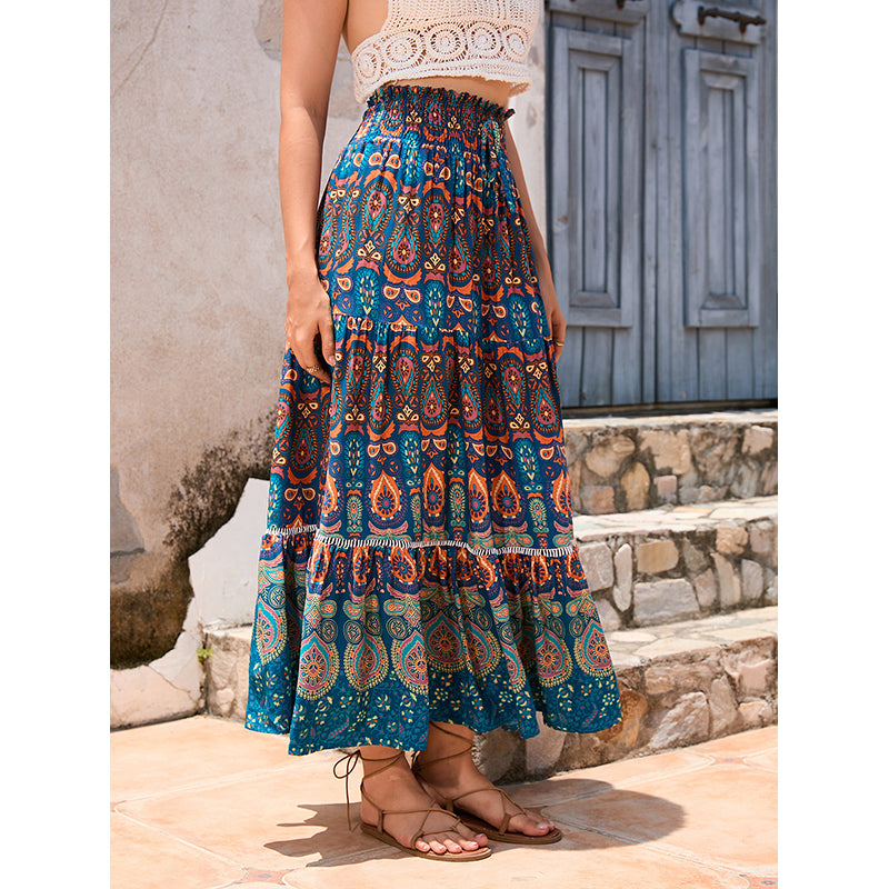 Blue Ethnic Motifs Printed Flared Maxi Skirt